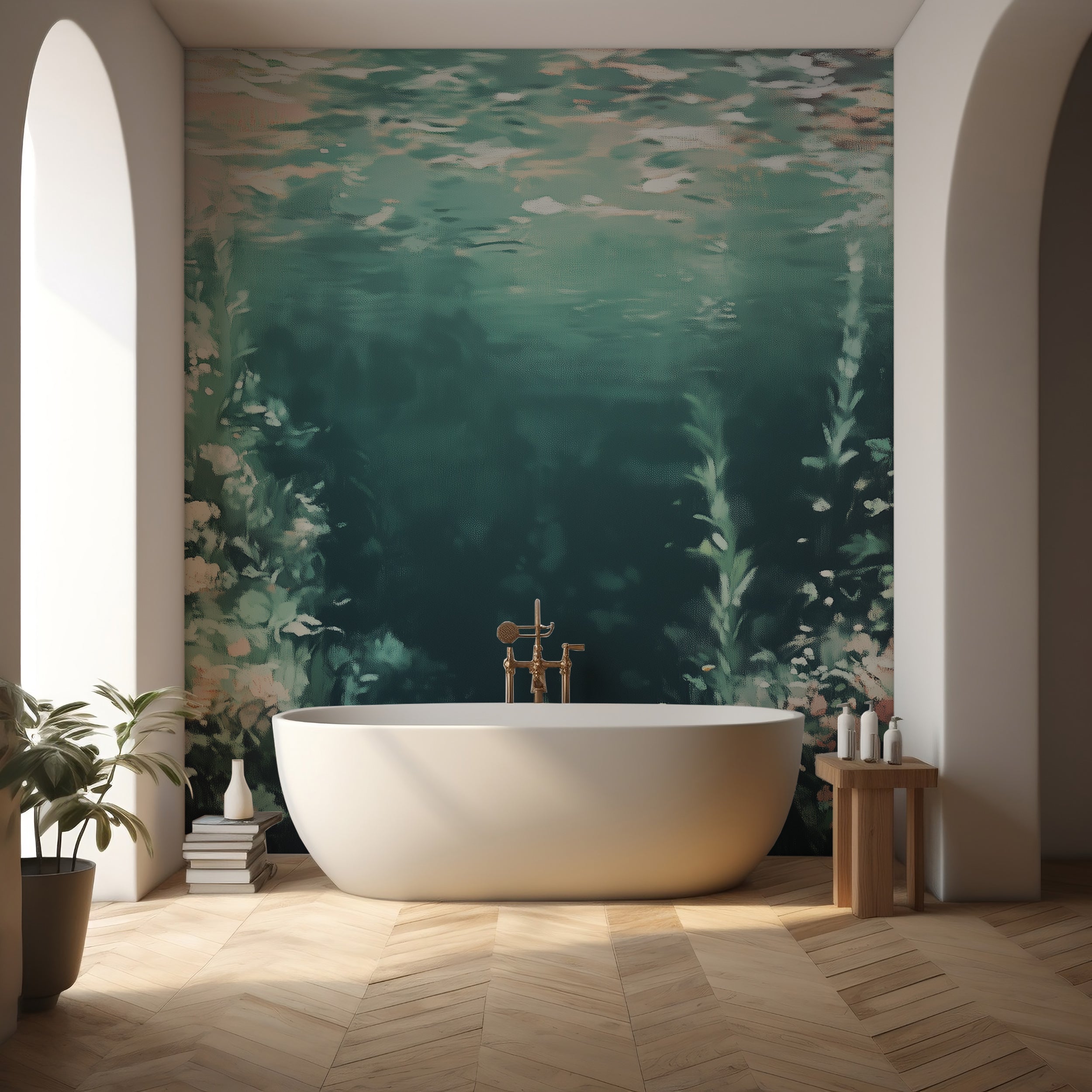 Dark turquoise underwater wallpaper with mystical corals.
Peel-and-stick ocean mural with green and blue corals.