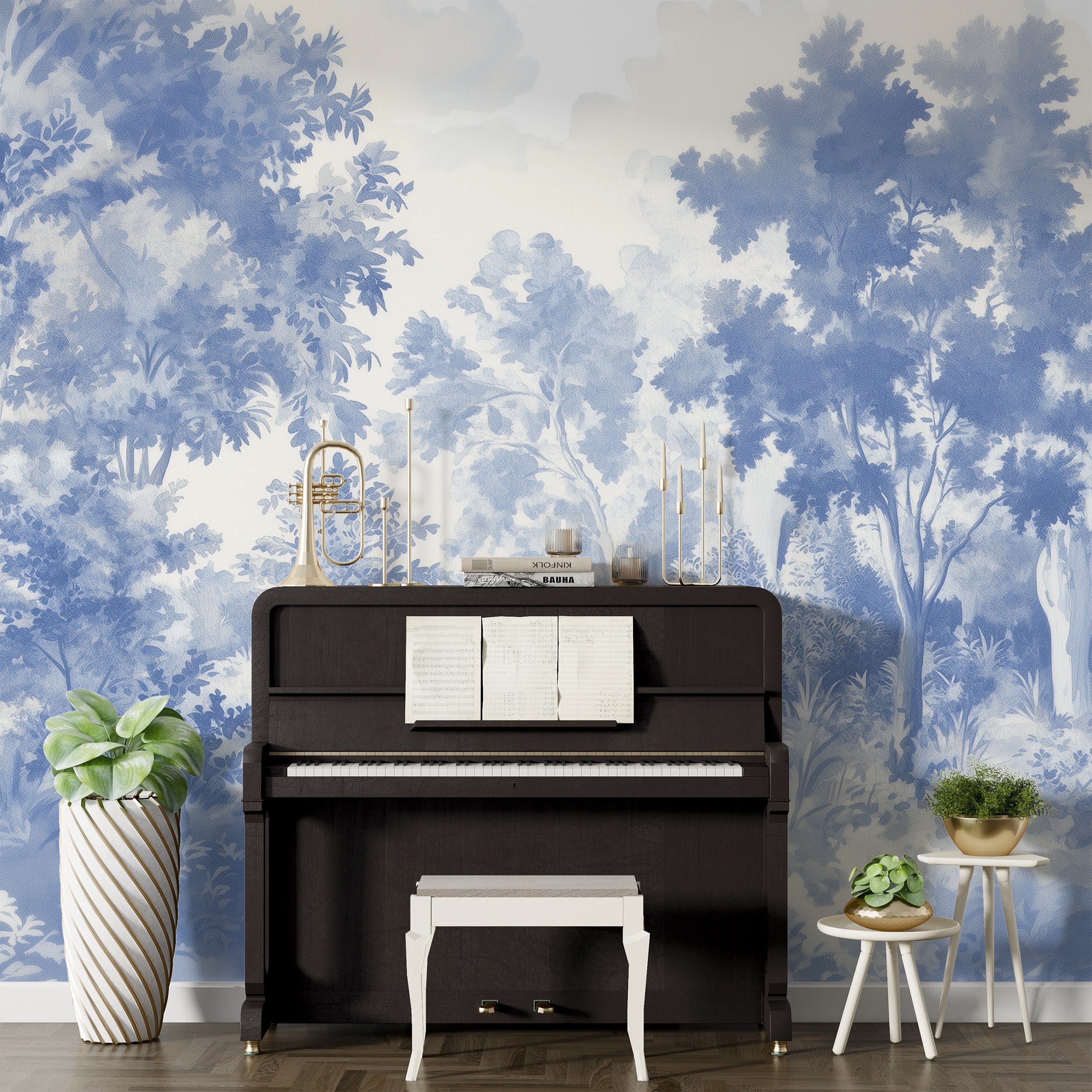 Forest Toile de Jouy style wallpaper with blue trees.
Vintage French Toile de Jouy mural with monochrome forest.