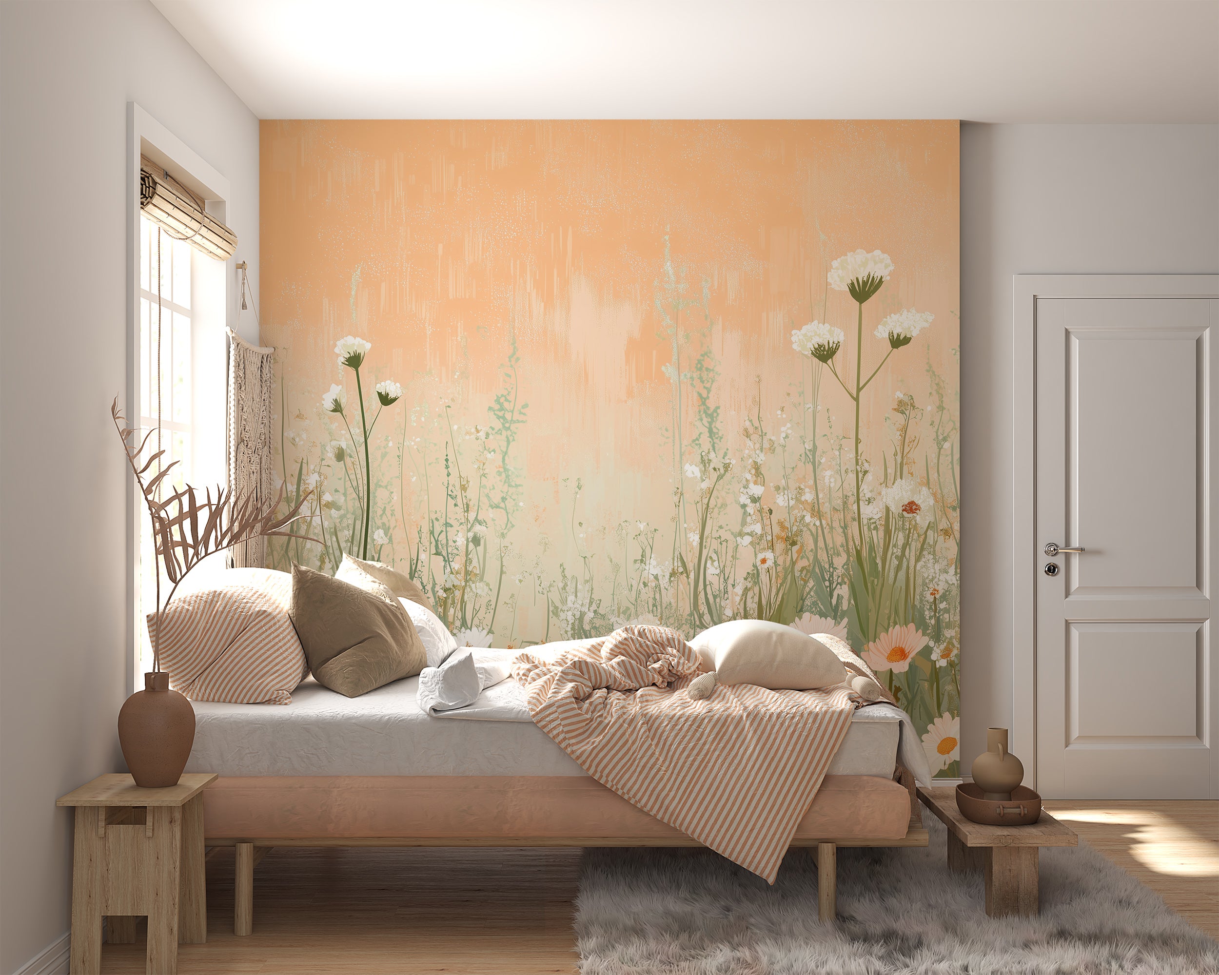 Peach flower field mural for kid's room wallpaper.
Soft peach botanical wallpaper with wild daisies.