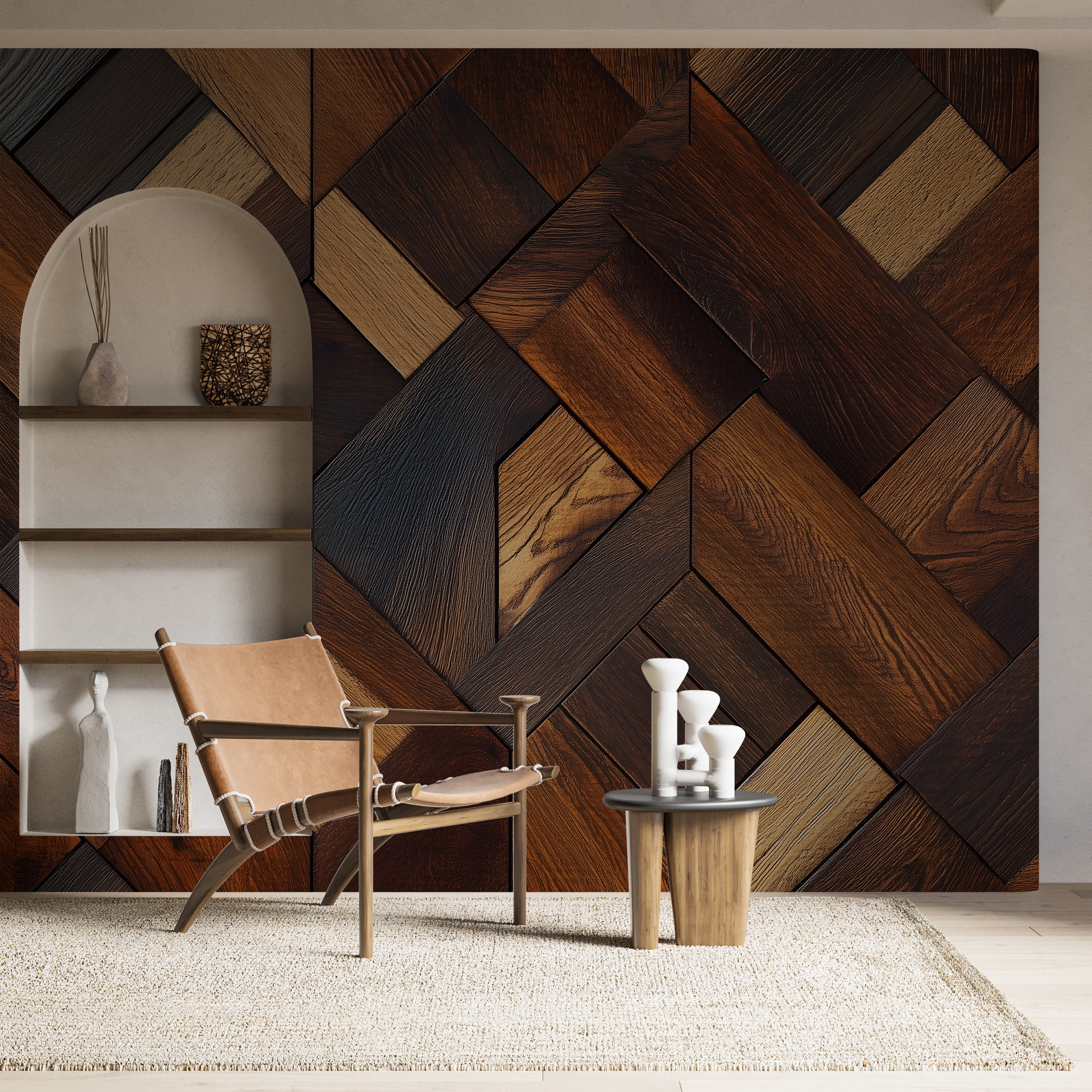 Dark Wooden Style Panels Wall Mural, Wood Shapes Wallpaper, Peel and Stick Removable Accent Wall Decor