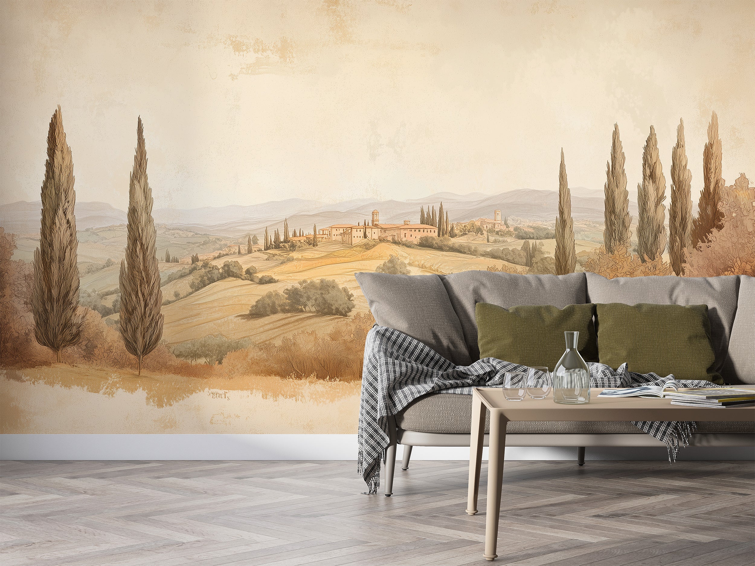 Beige Watercolor Vintage Landscape Mural, House and Trees Retro Scenic Wallpaper, Rustic Field Wall Decor