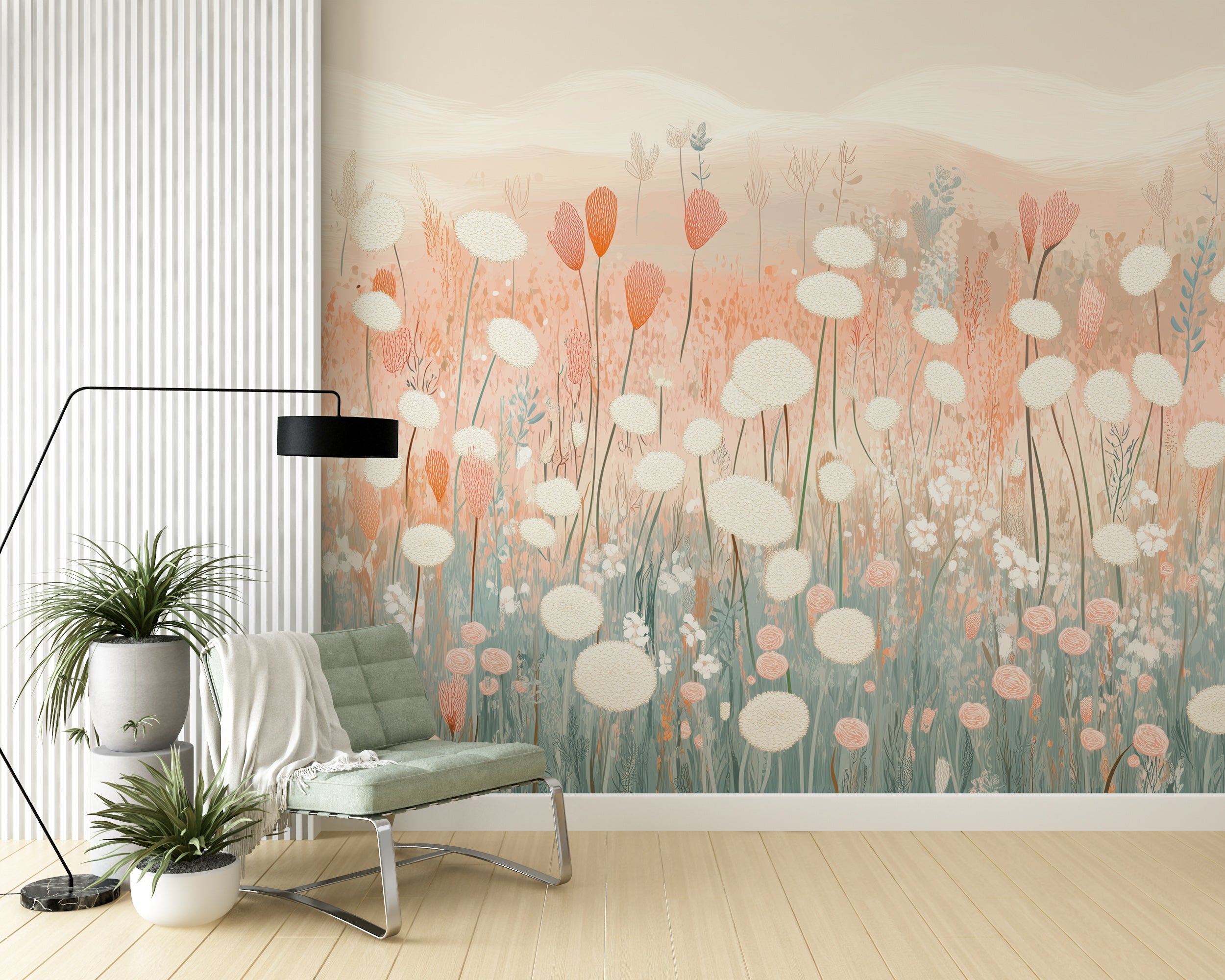 Pink and green watercolor field mural for kids room decor.
Soft botanical watercolor wallpaper for nursery walls.