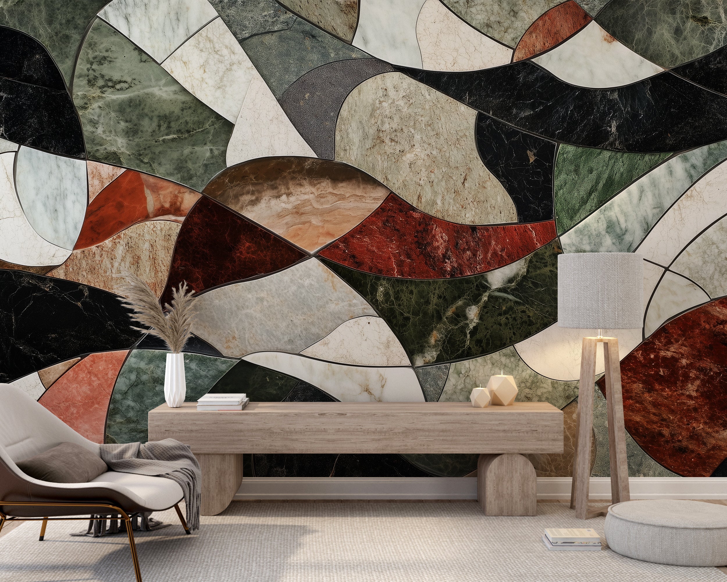 Colorful marble mosaic wall mural with abstract tile shapes.
Geometric marble wallpaper with vibrant stone patterns.