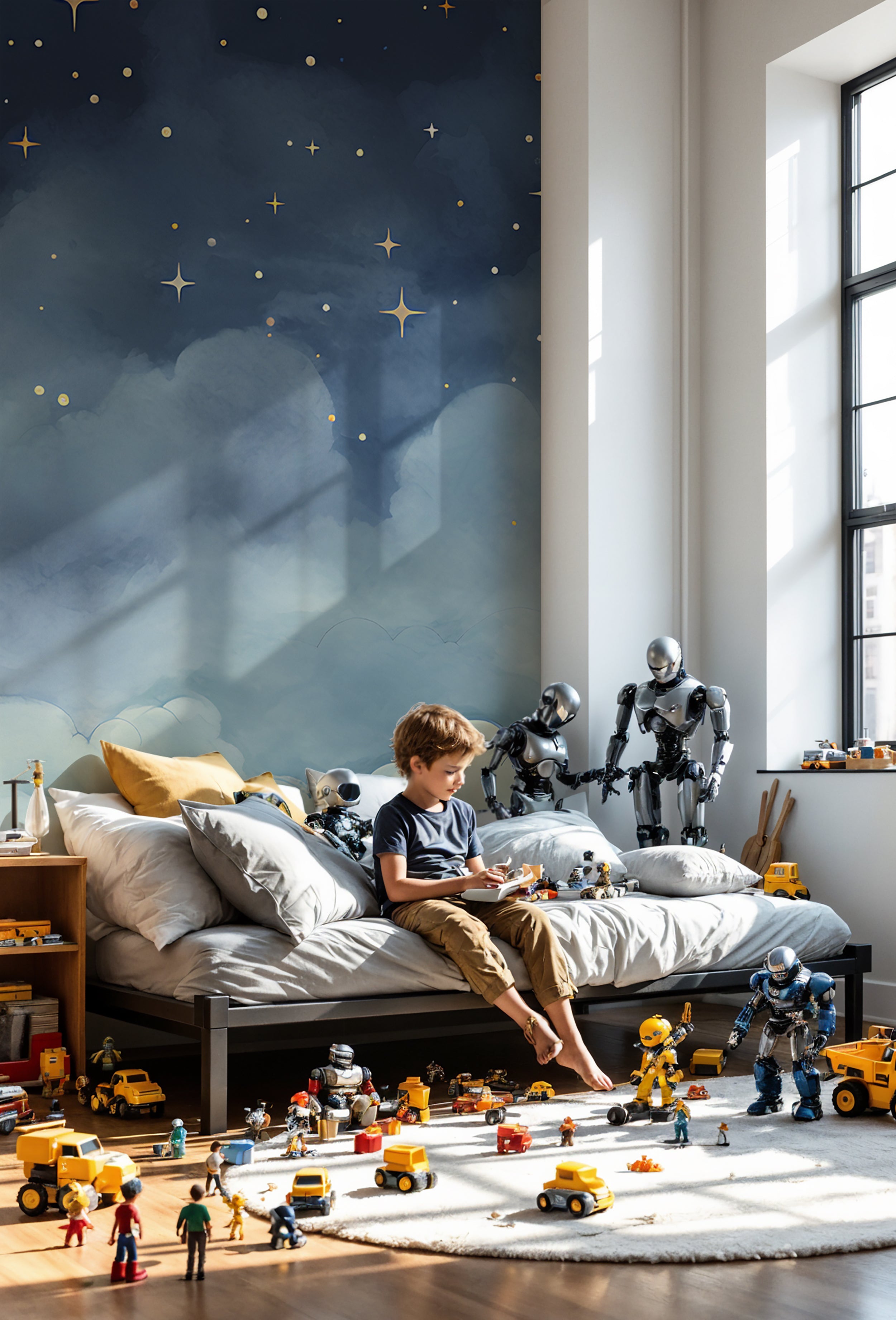 Ciel bleu avec peintures murales d’étoiles, papier peint de ciel nocturne de pépinière et de bâton, peinture murale de nuit étoilée, papier peint d’étoiles et de nuages ​​pour la chambre d’enfants