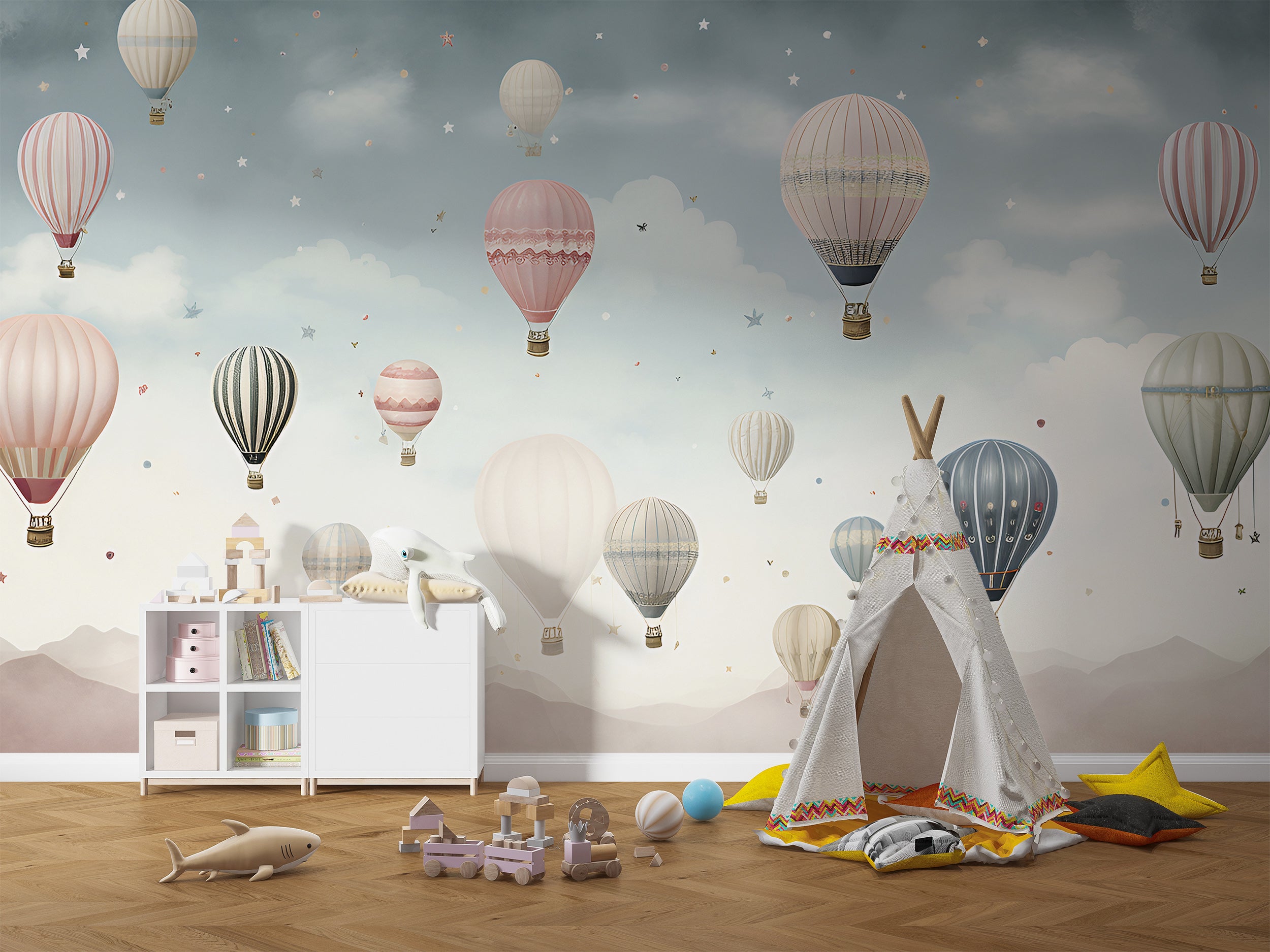 Kids wallpaper,Fly outlet with Hot Air Balloon,Animals Wall Mural,Beige and Blue Nursery, Vinyl or Self Adhesive