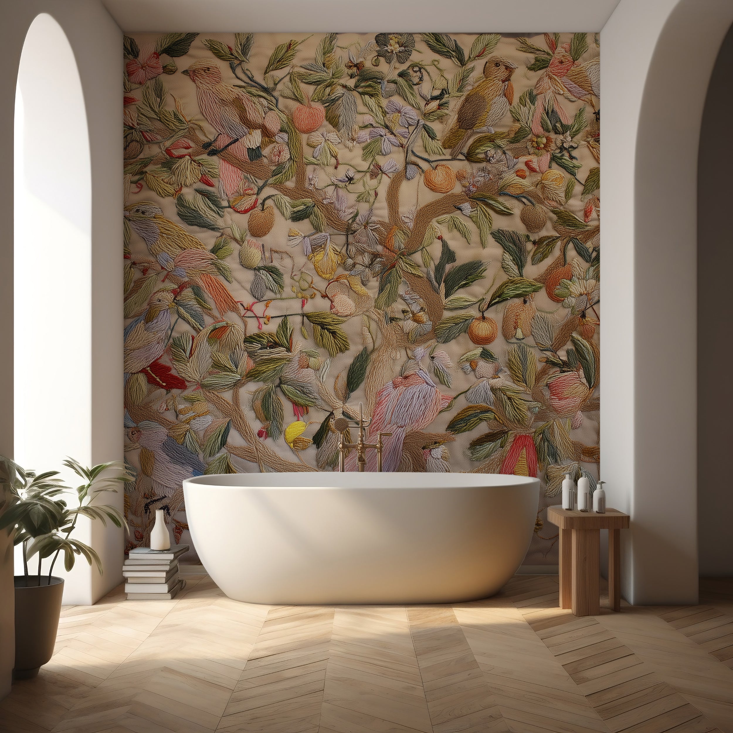Colorful Blossom Tree Mural with Threaded Parrots and Fruit Inspired Garden Peel and Stick Wallpaper