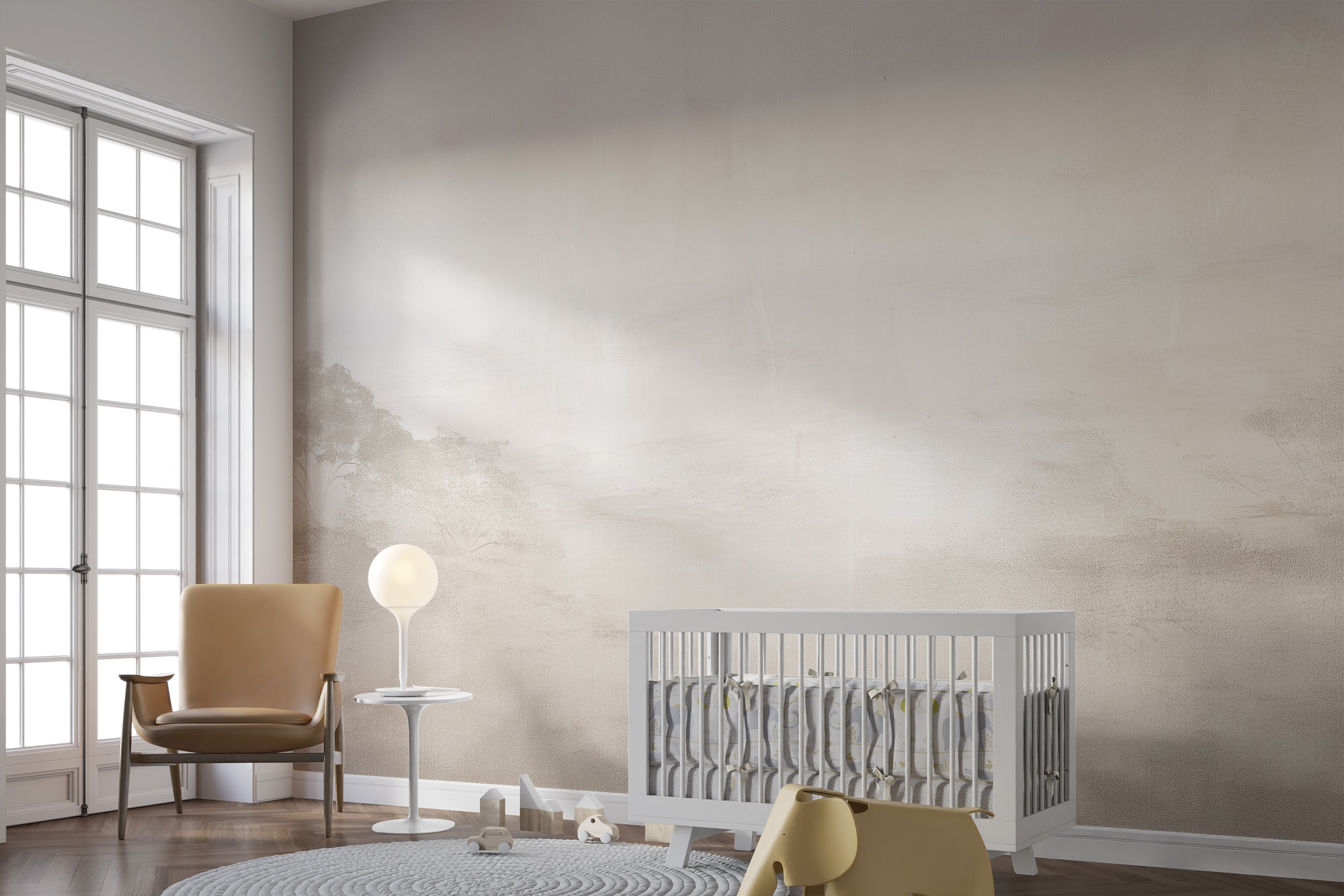 Hand Drawn Landscape Mural in Old Paper Style with Vintage Washed Out Trees on Beige Background Peel and Stick Wallpaper