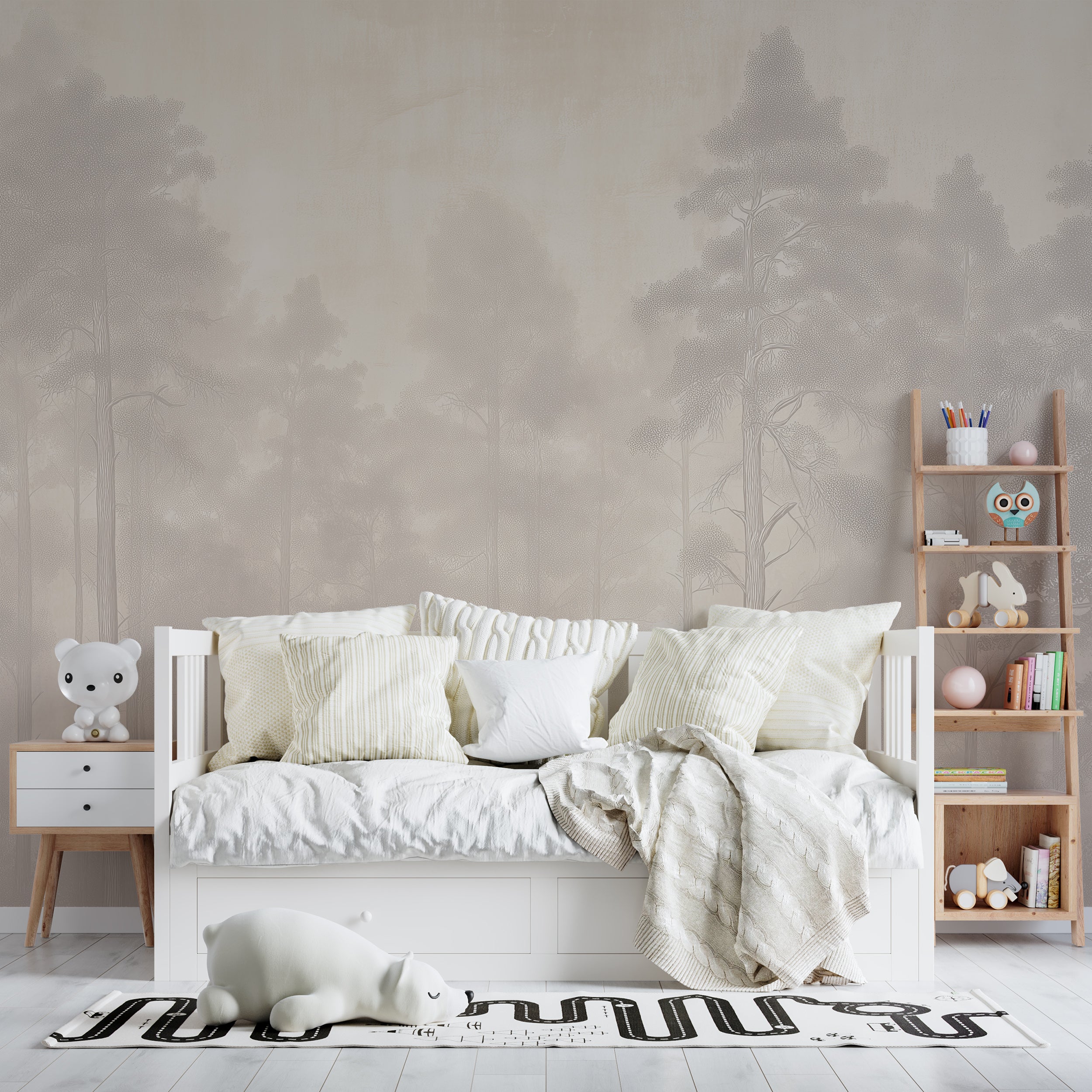 Soft Beige Washed Out Forest Wall Mural with Muted Tree Landscape Peel and Stick Neutral Wallpaper