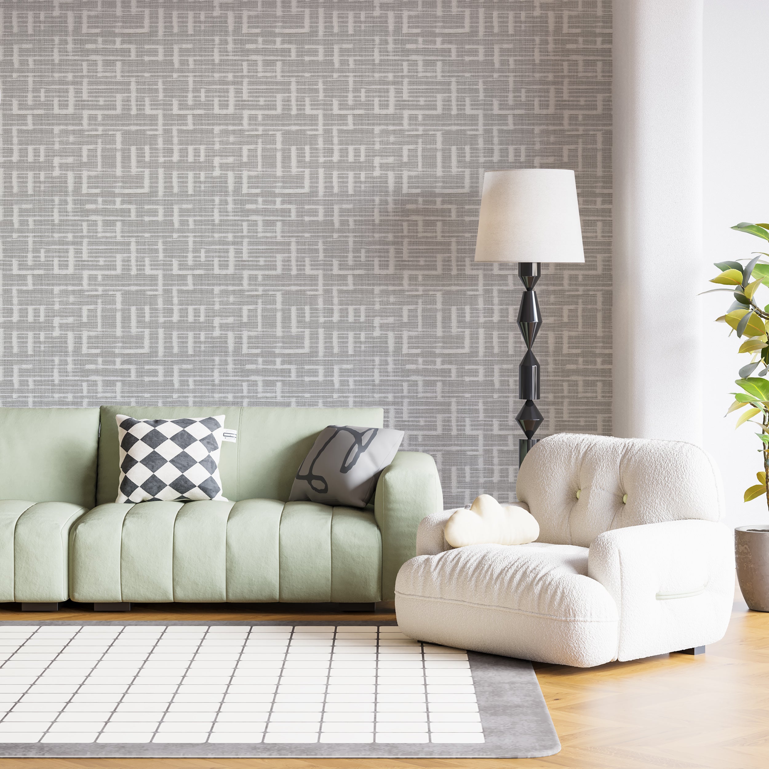 Grey and white linen style wallpaper with green accents
Peel and stick light geometric wallpaper for minimalist decor