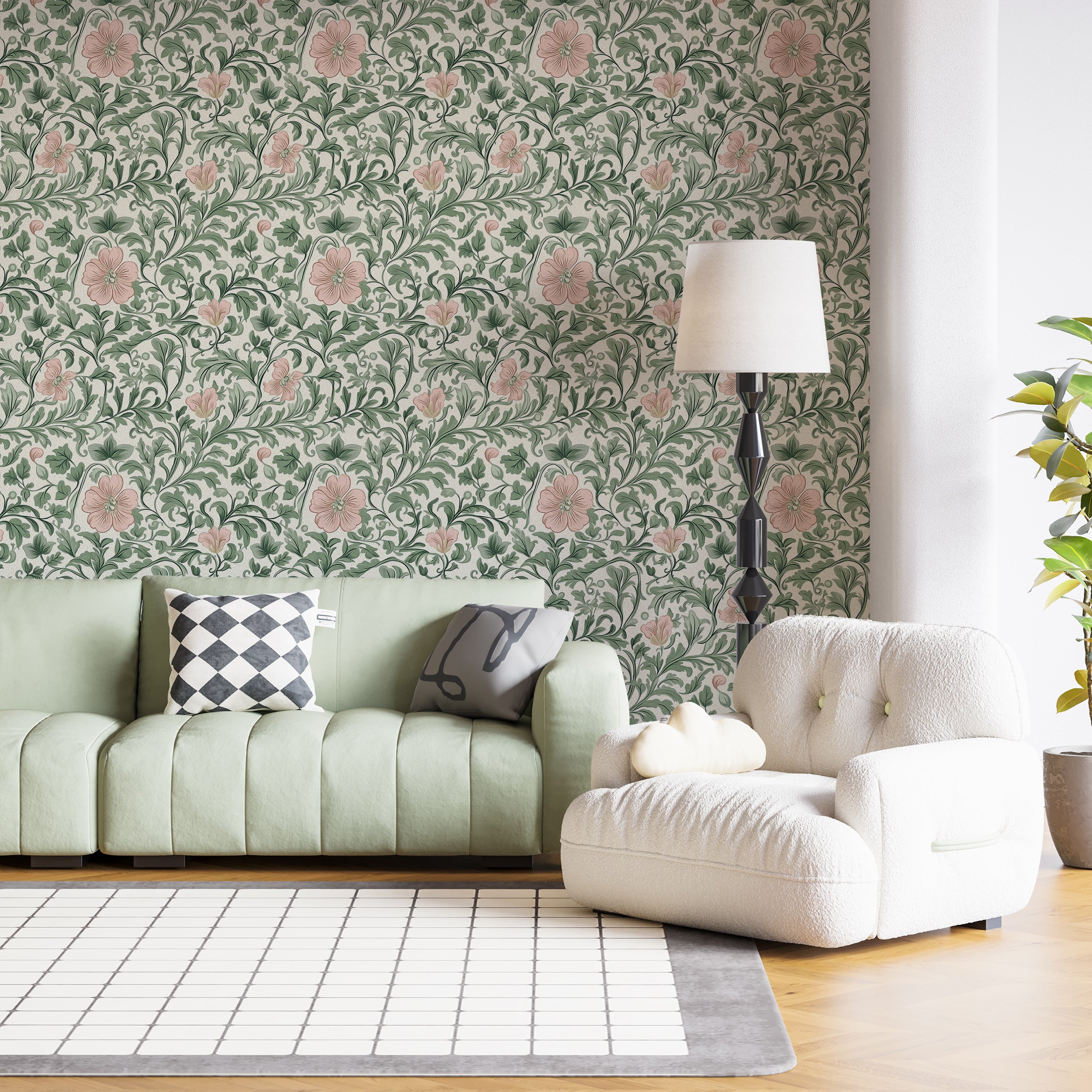 Pink and Green Floral Wallpaper, Peel and Stick William Morris Style Botanical Wall Decor, Removable Greenery