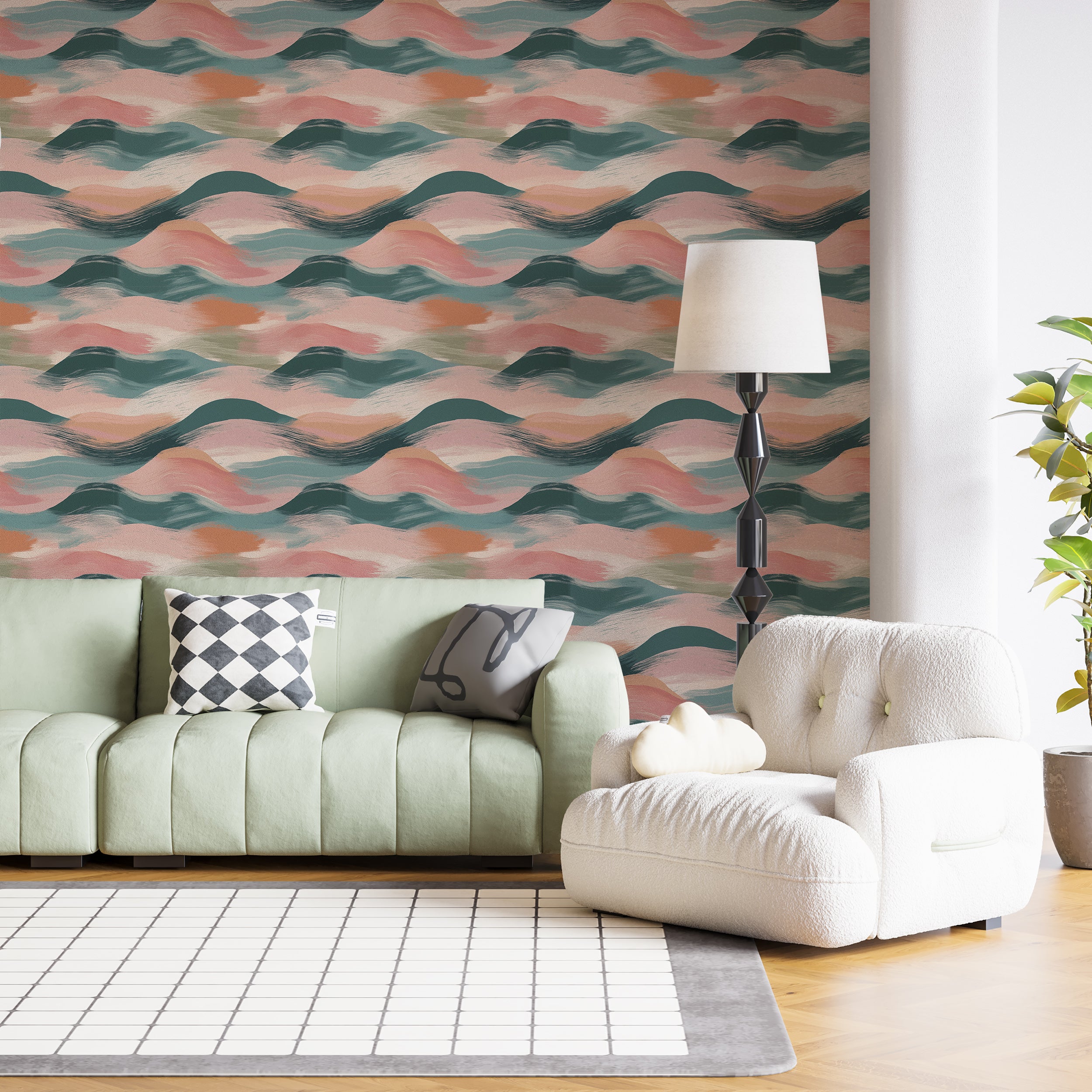 Pink and Green Abstract Waves Wallpaper, Peel and Stick Pastel Colors Brushed Line Art, Removable Wavy Wall Covering