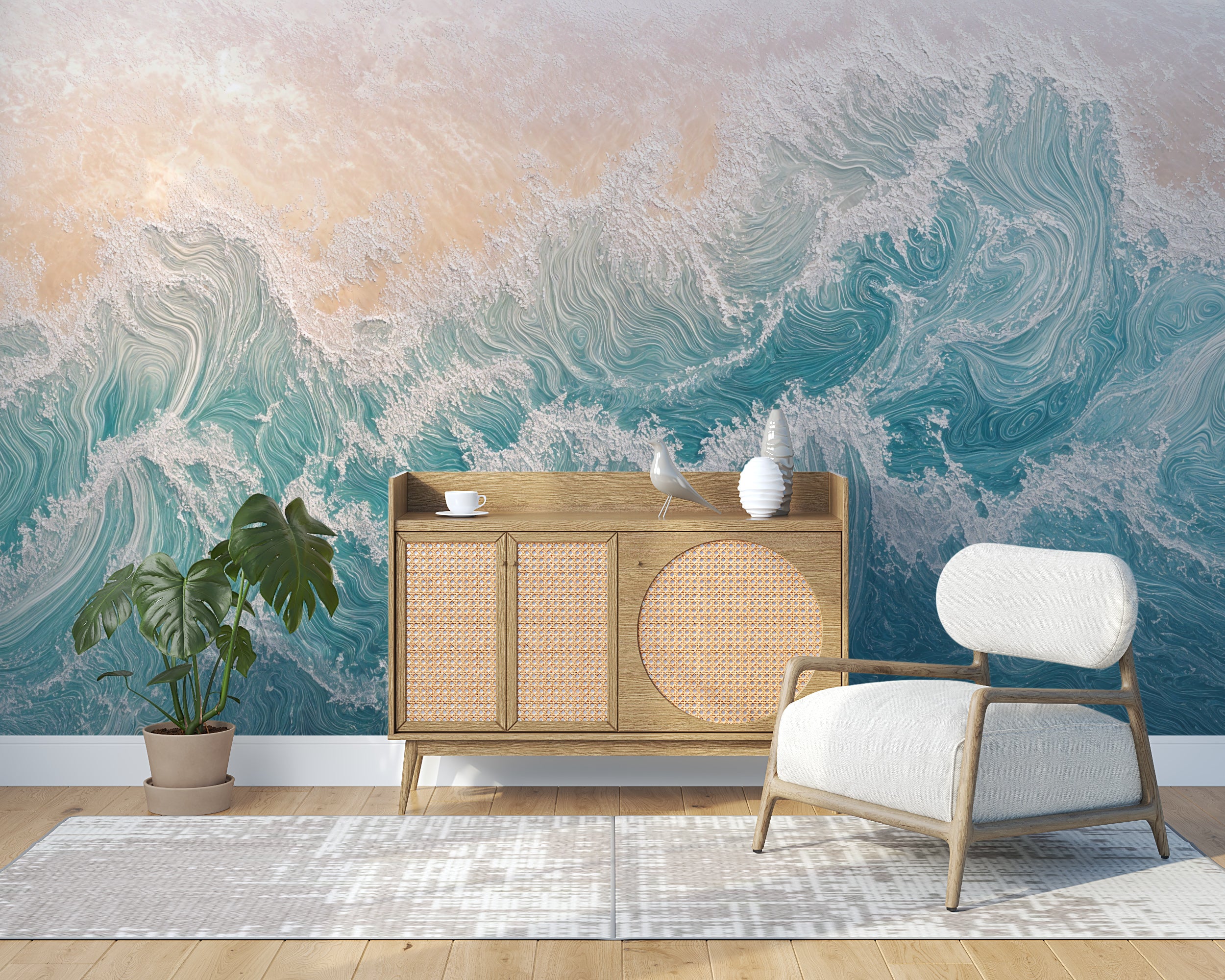 Bounty Beach Wall Mural, Calm Ocean Wallpaper, Peel and Stick Ocean Waves Wall Decor, Removable Mural