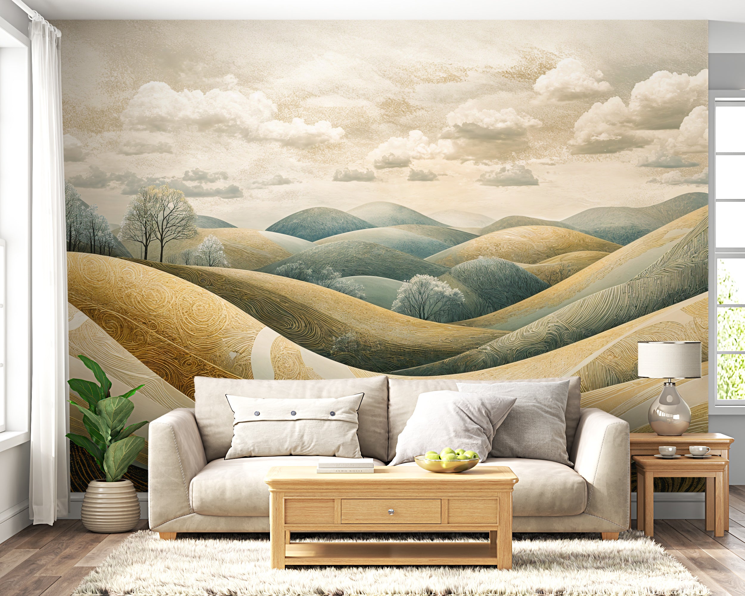 Meadow Hills Wall Mural, Highly Detailed Landscape Art, Peel and Stick Removable Beige Wallpaper