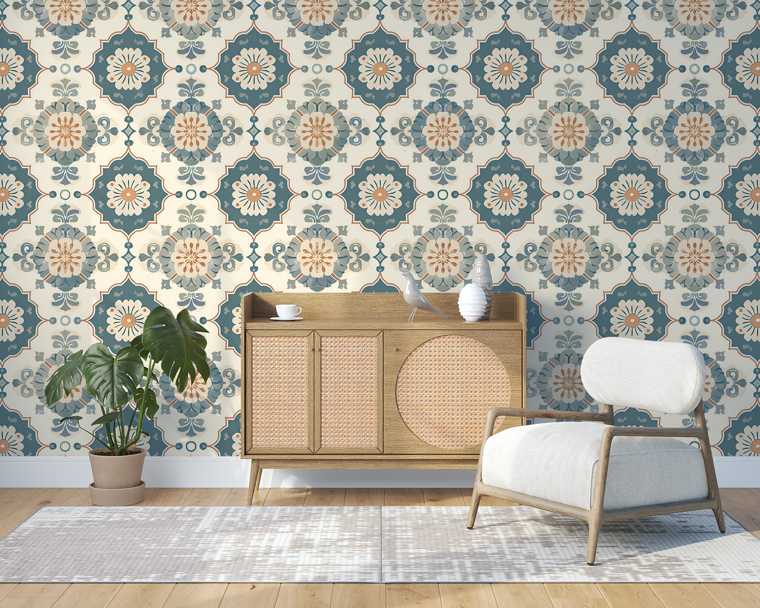 Beige and Green Tiles Wallpaper, Moroccan Wallpaper, Peel and Stick Removable Geometrical Wall Decor, Kitchen and Bathroom Traditional Tile