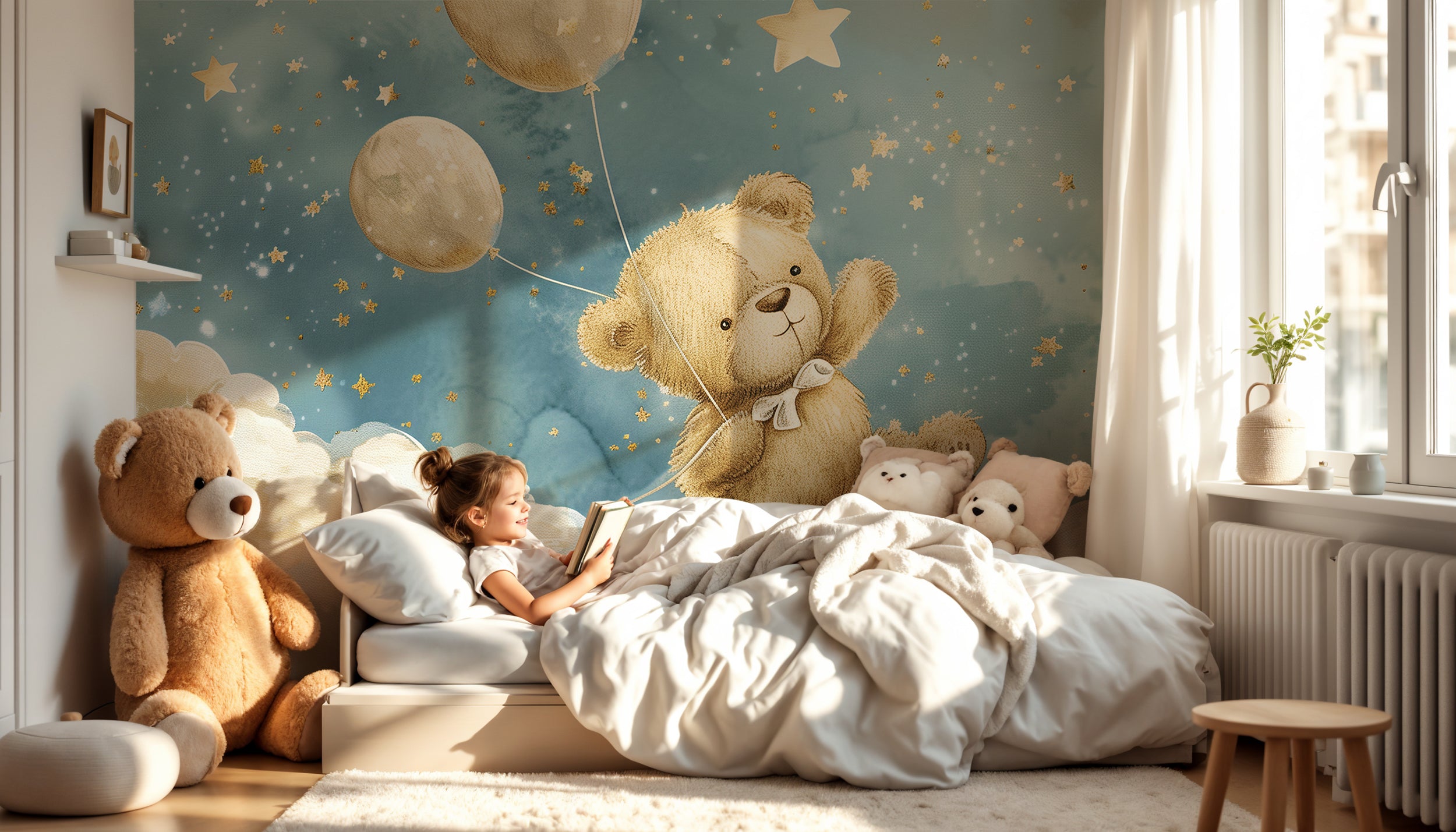 Cute Bear in the Sky Mural, Blue and Beige Starry Clouds Wallpaper, Bear Toy and Balloons Nursery Wall Mural, Peel and Stick Removable