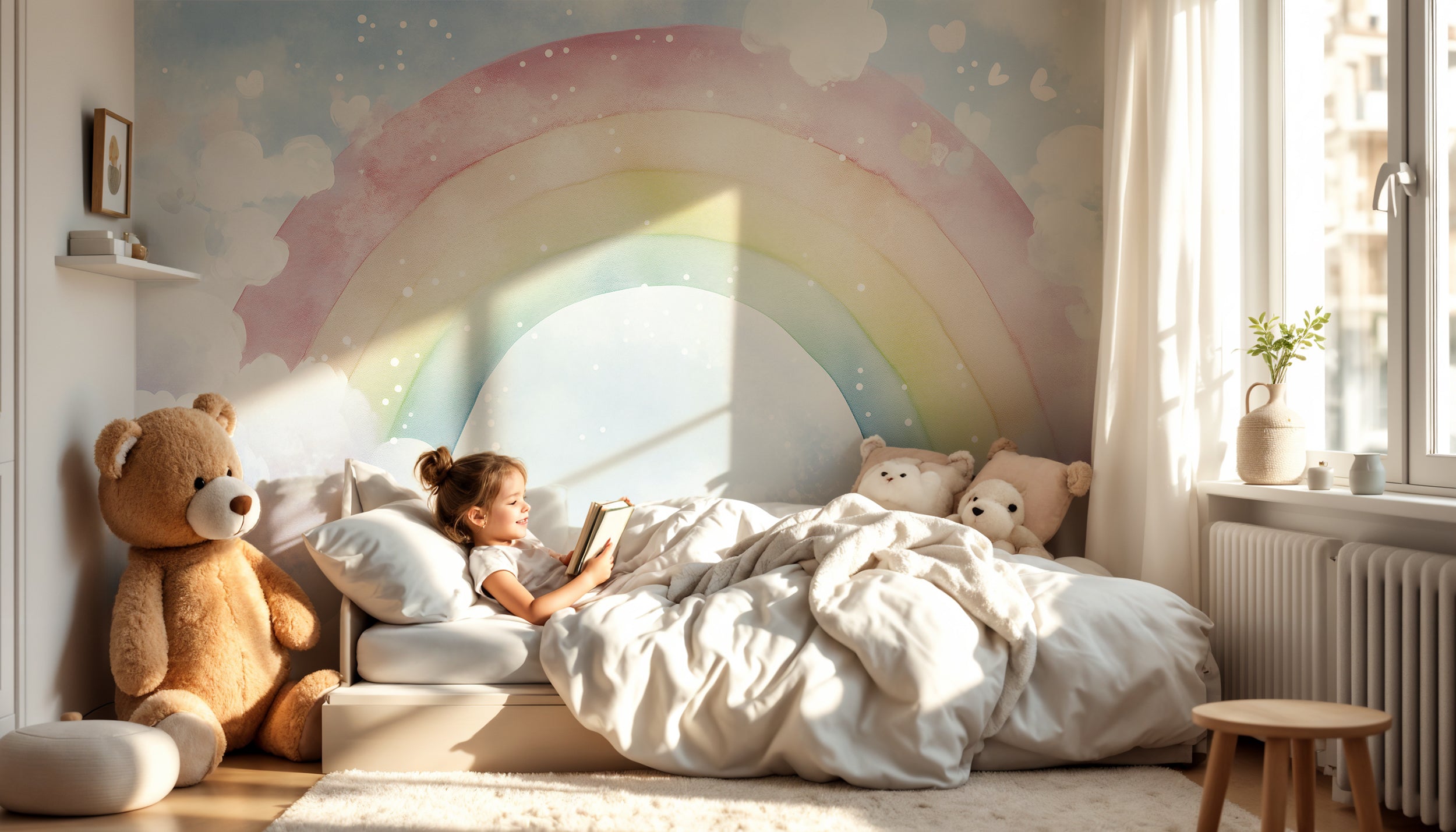 Soft Muted Rainbow and Clouds Nursery Wall Mural, Watercolor Kids Room Rainbow Wallpaper, Peel and Stick Dreamy Wall Decor