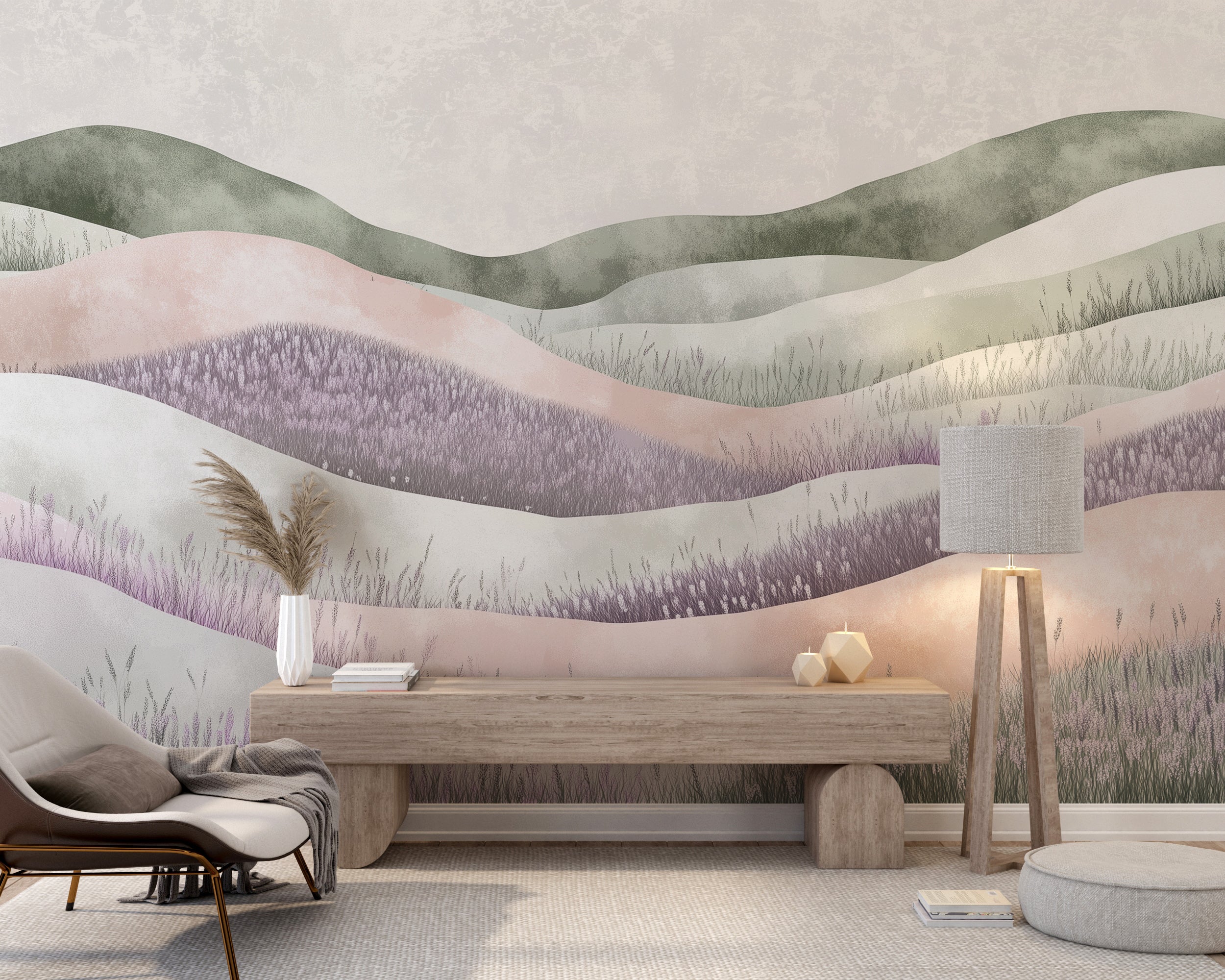 Pastel Colors Lavender Field Mural, Soft Watercolor Flower Meadow Wallpaper, Nursery Peel and Stick Nature Wall Art