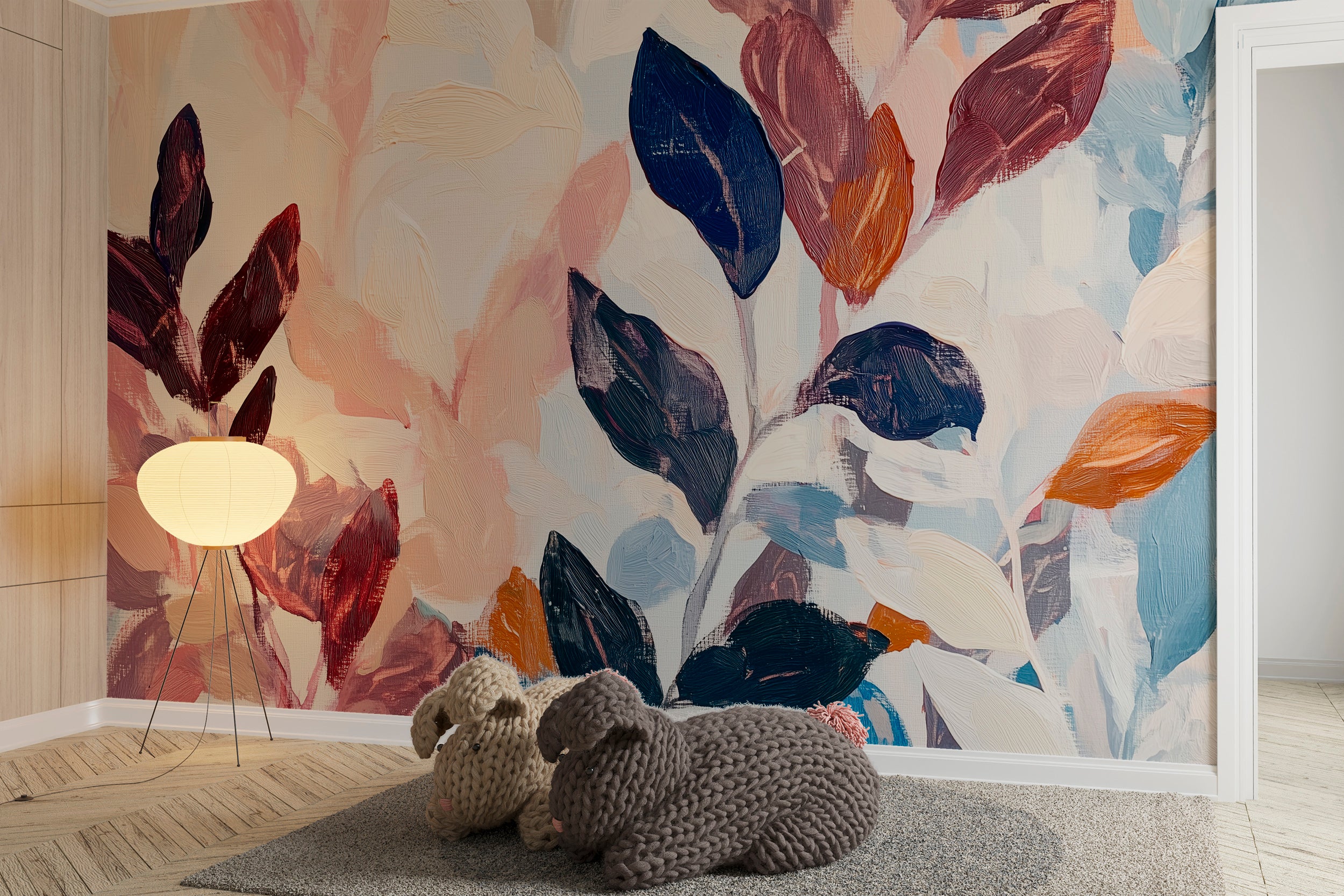 Burgundy and Navy Blue Botanical Mural, Large Accent Wall Leaves Wallpaper, Boho Wallpaper