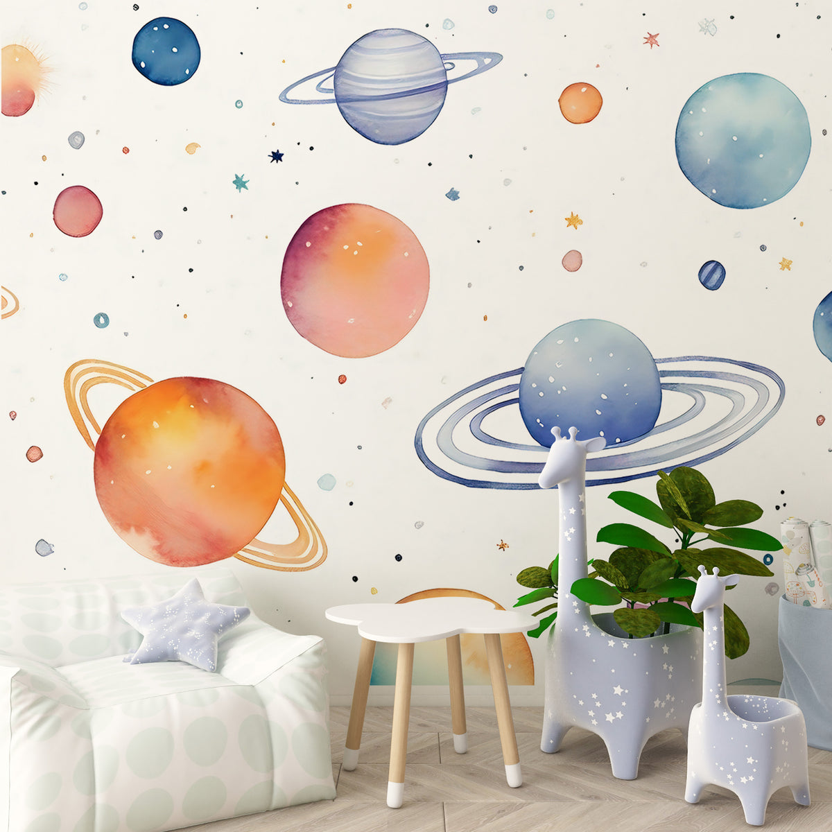 Watercolor Space Mural - Nursery Peel and Stick Planets - Solar System