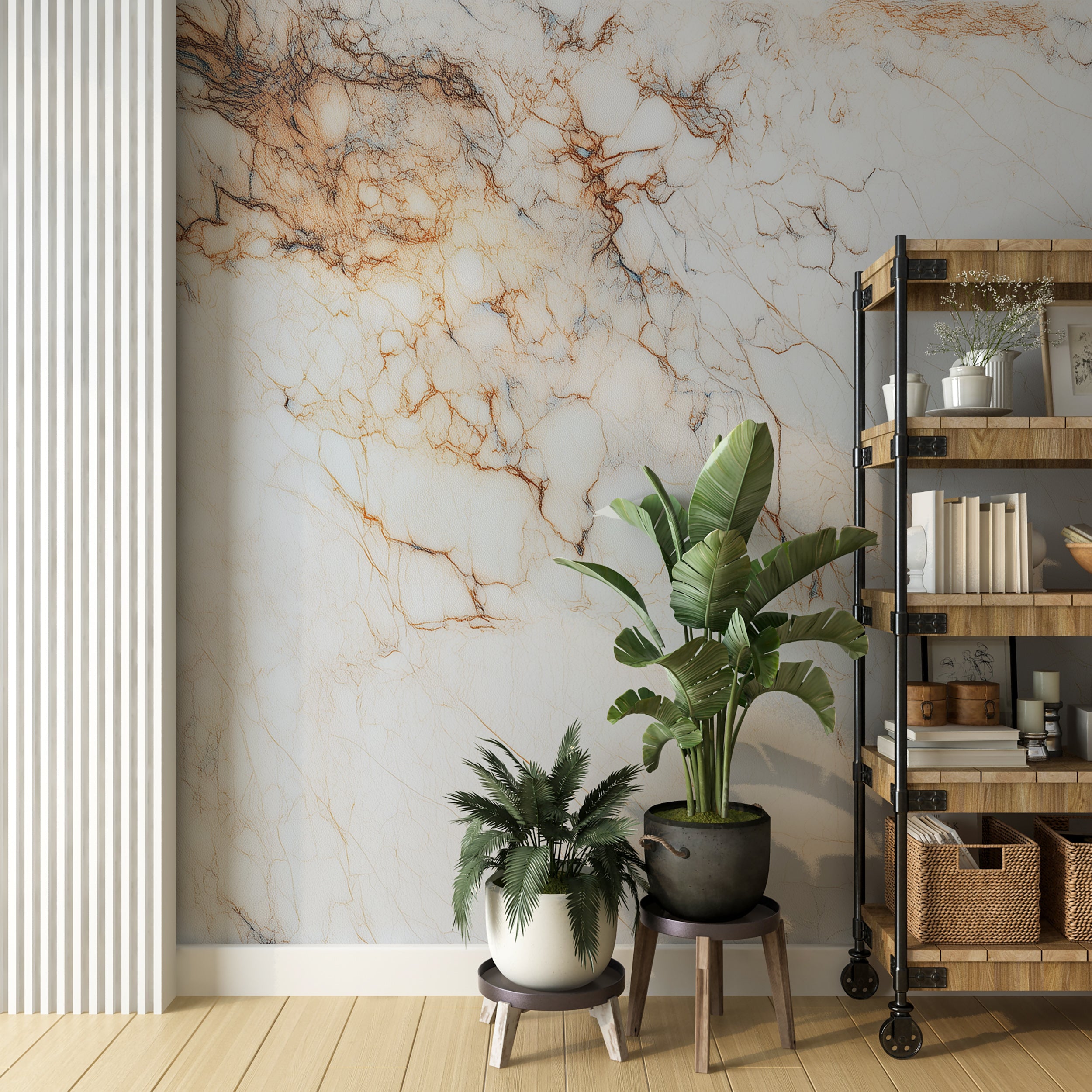 White and Beige Marble Wall Mural with Light Stone Texture and Brown Veins Luxury Peel and Stick Wallpaper