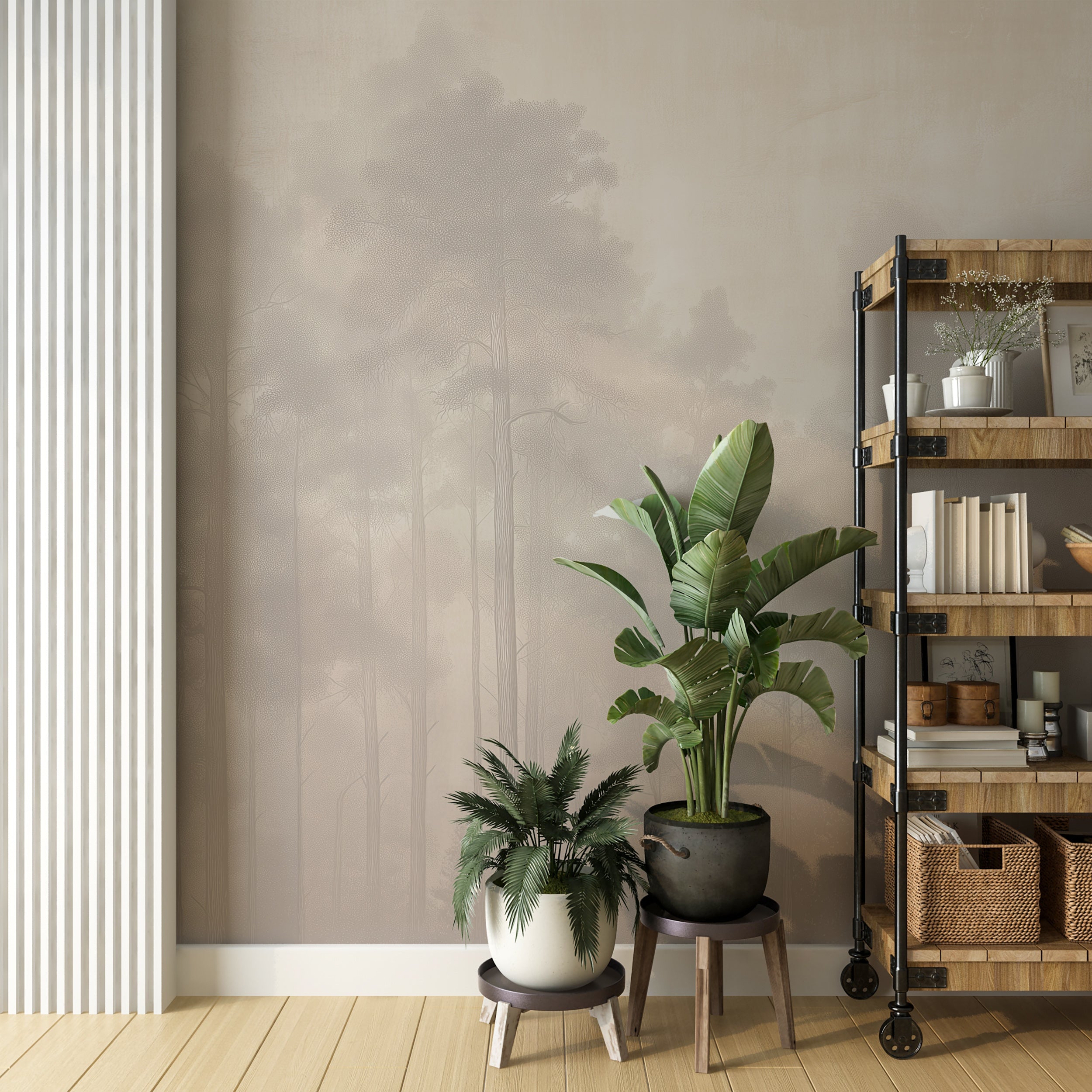 Soft Beige Washed Out Forest Wall Mural with Muted Tree Landscape Peel and Stick Neutral Wallpaper