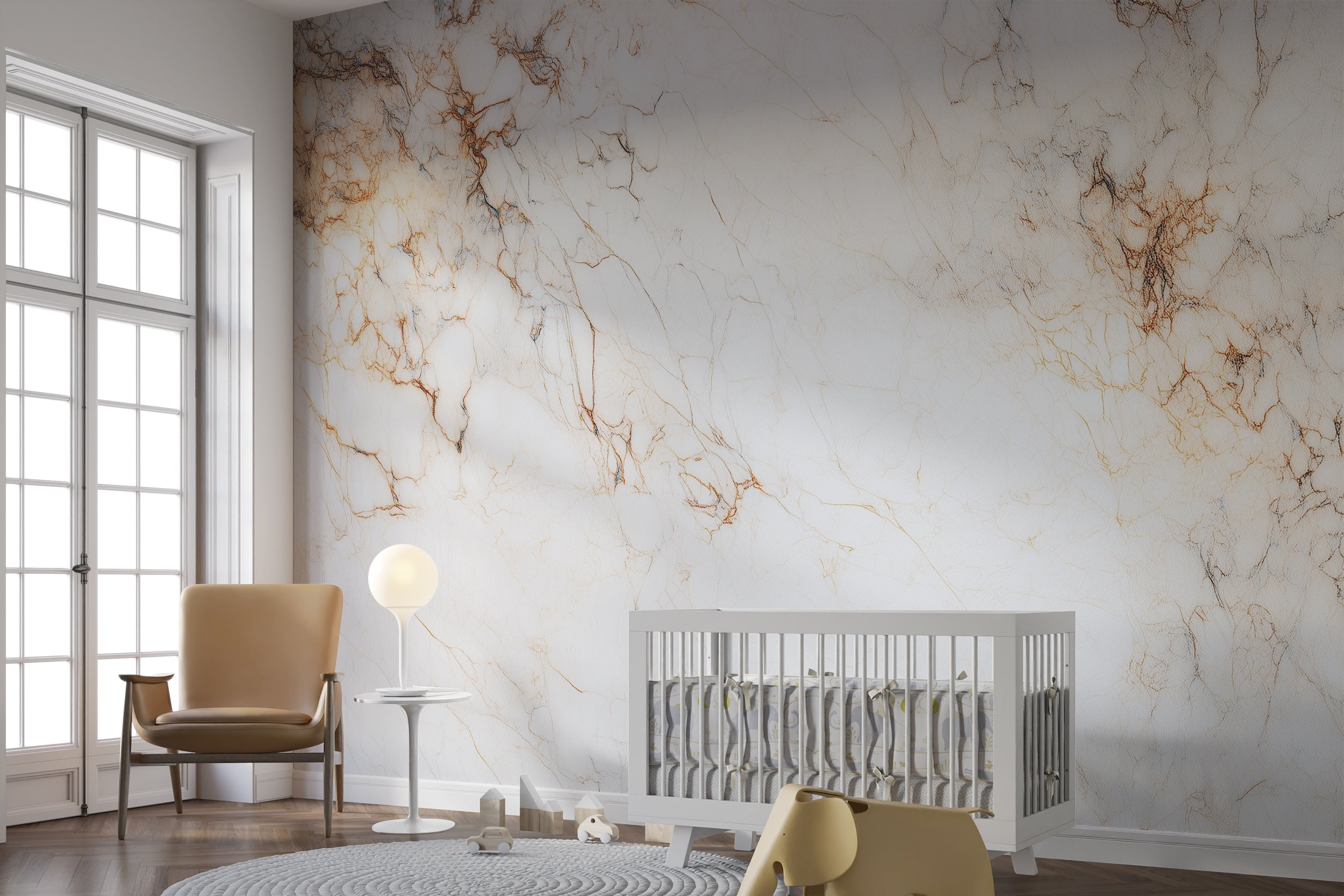 White and Beige Marble Wall Mural with Light Stone Texture and Brown Veins Luxury Peel and Stick Wallpaper