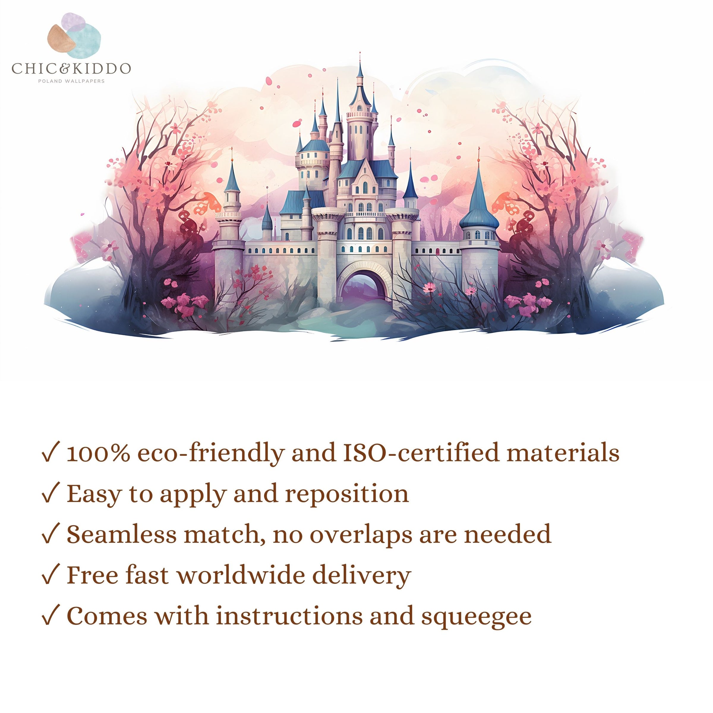 Nursery Castle Mural - Pink and Blue Watercolor Baby Wallpaper