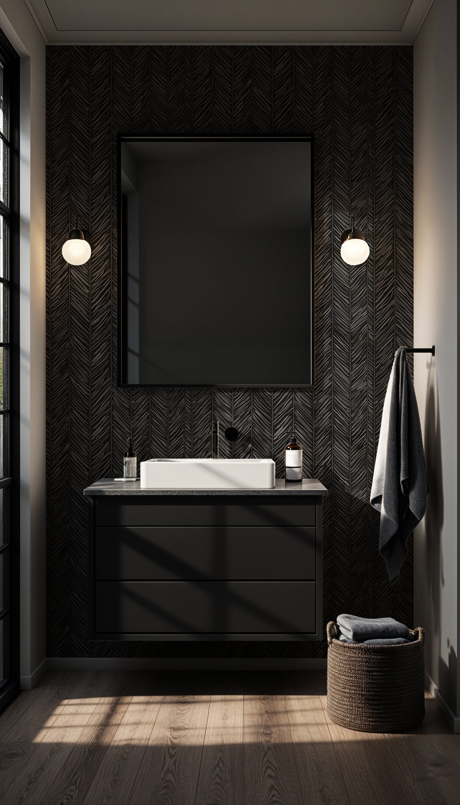 Dark Grey Herringbone Wallpaper, Dark Modern Wallpaper, Peel and Stick Removable Luxury Wall Decor, Accent Black Geometric Wallpaper