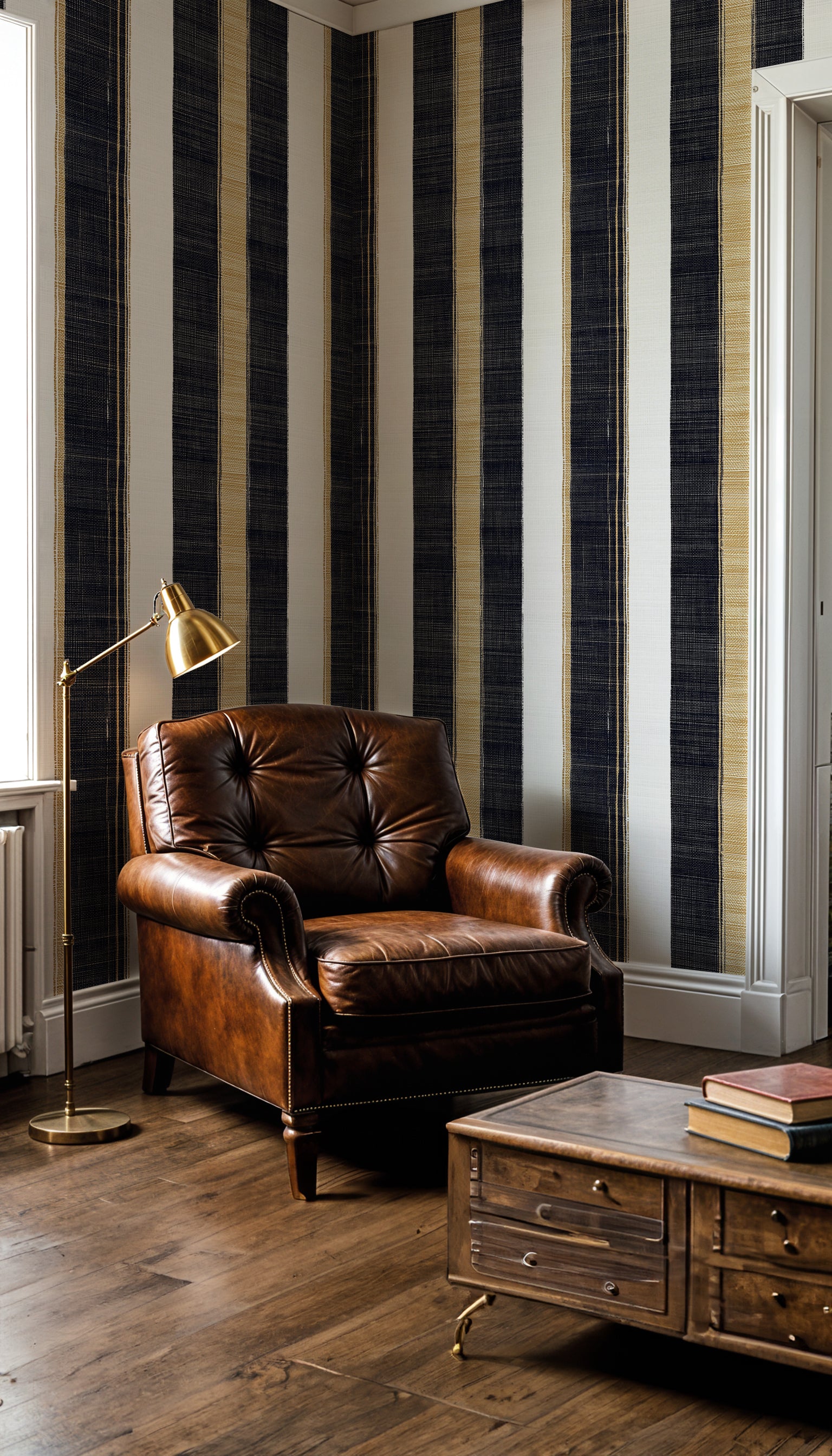 Timeless Luxury Striped Wallpaper, White Blue and Gold Vertical Stripes Wall Decor, Peel and Stick Classic French Decor